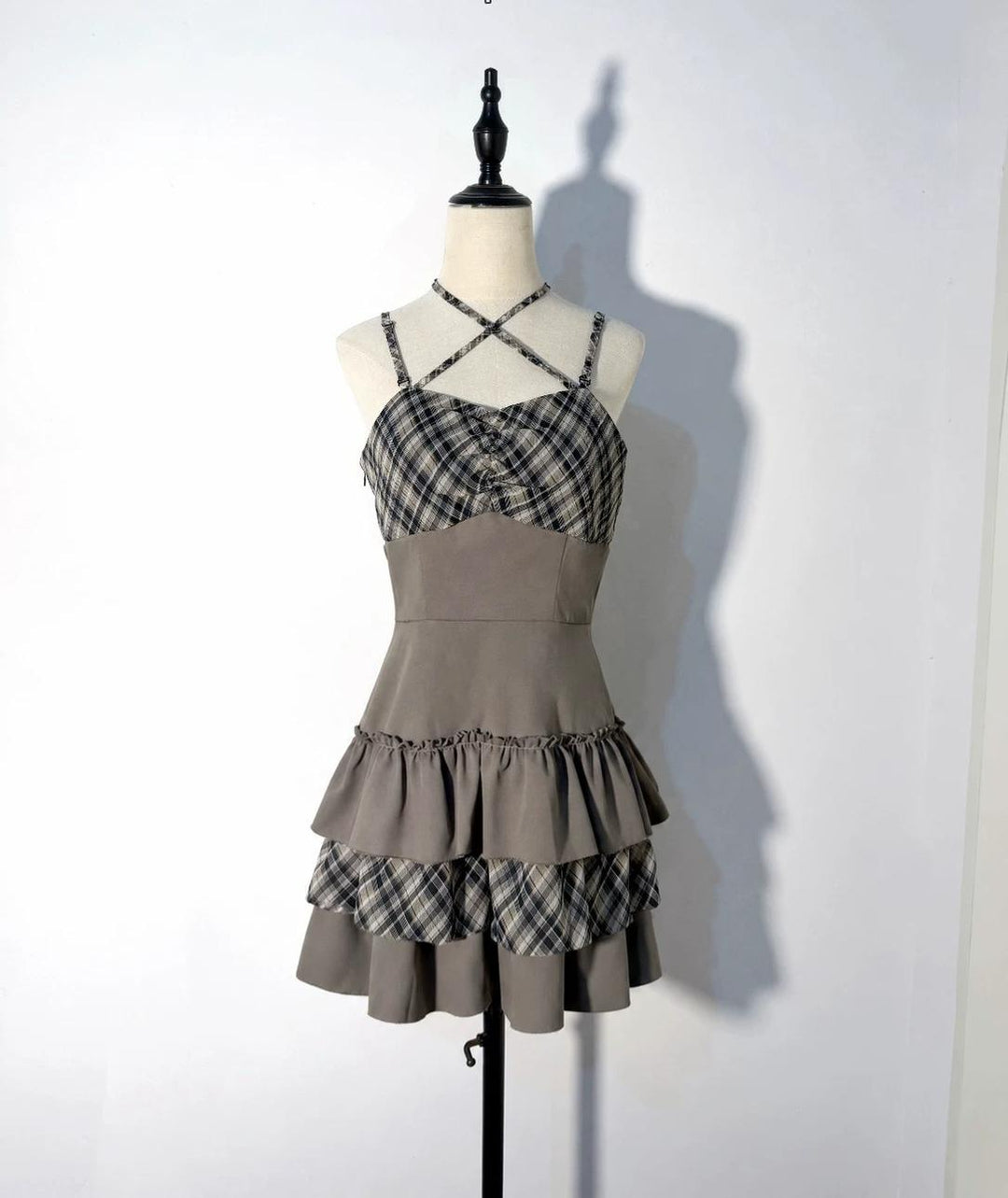 Jirai Kei Plaid Halter Neckline Dress, Solid Bolero 46017:872681