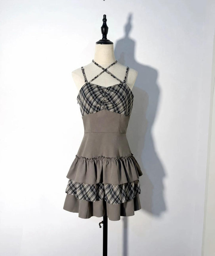 Jirai Kei Plaid Halter Neckline Dress, Solid Bolero 46017:872681