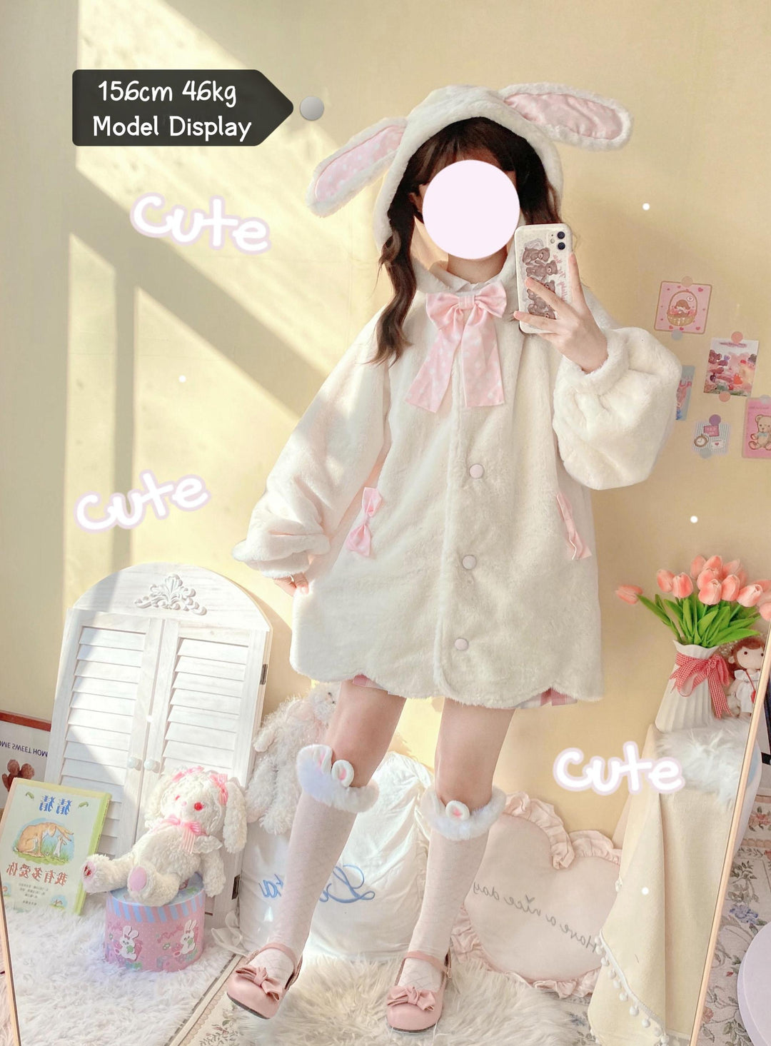 Jirai Kei Coat Sweet Bunny Ear Hoodie Long Fleece Coat 40938:682300