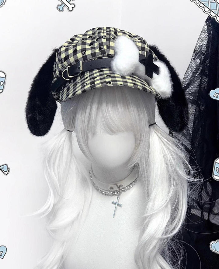 Subculture Beret Kawaii Puppy Ear Bone Plaid Hat 40952:696810