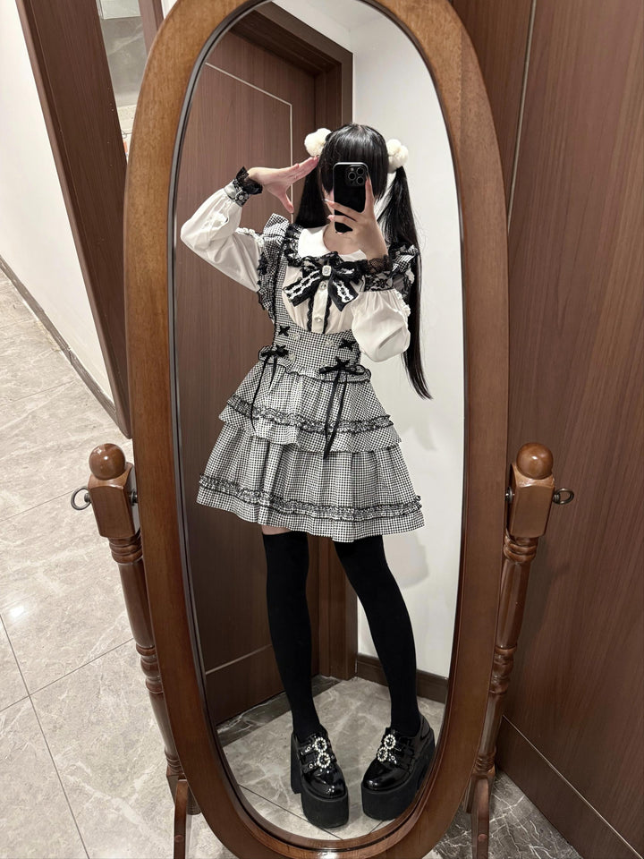 Jirai Kei Long Sleeve Blouse, Black Suspender Skirt (L M S) 44031:803514