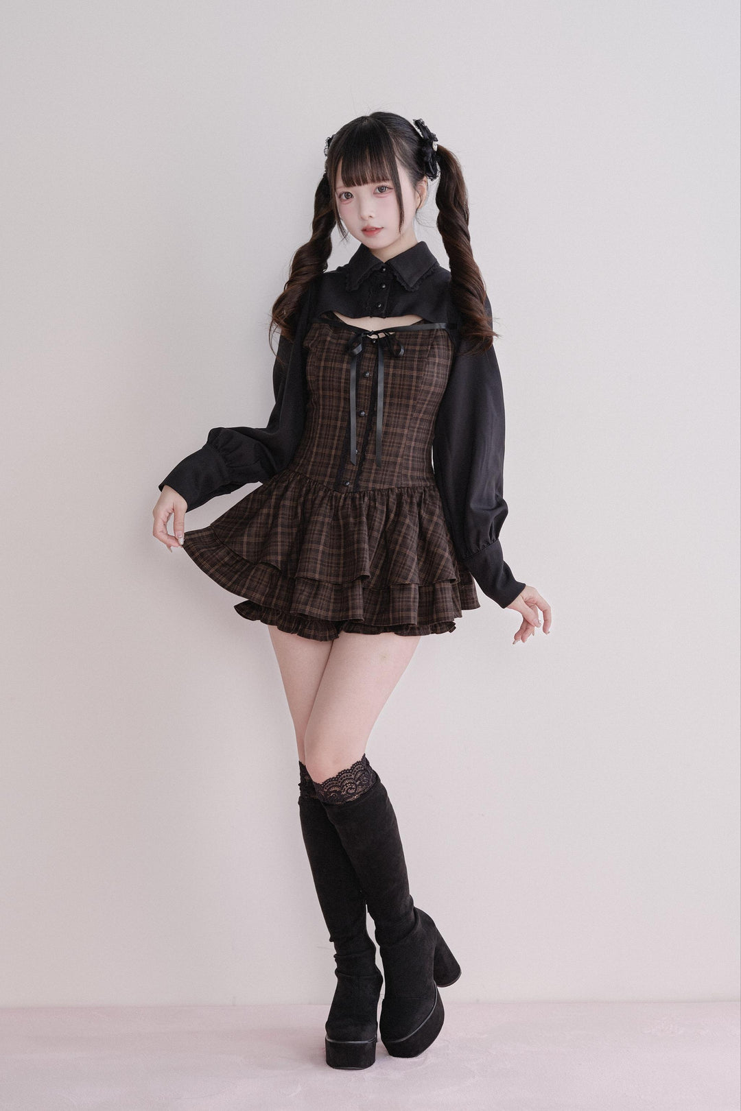 Jirai Kei Plaid Dress Set, Tiered Ruffles 44594:815622