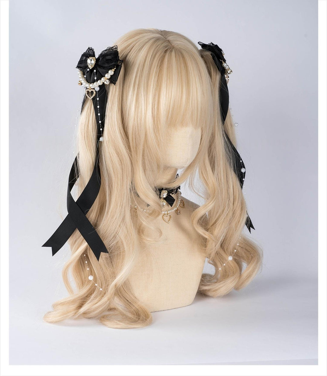 Jirai Kei Bow Hair Clip, Heart Rhinestone, Pearl Chain, Lace Trim 43501:778532