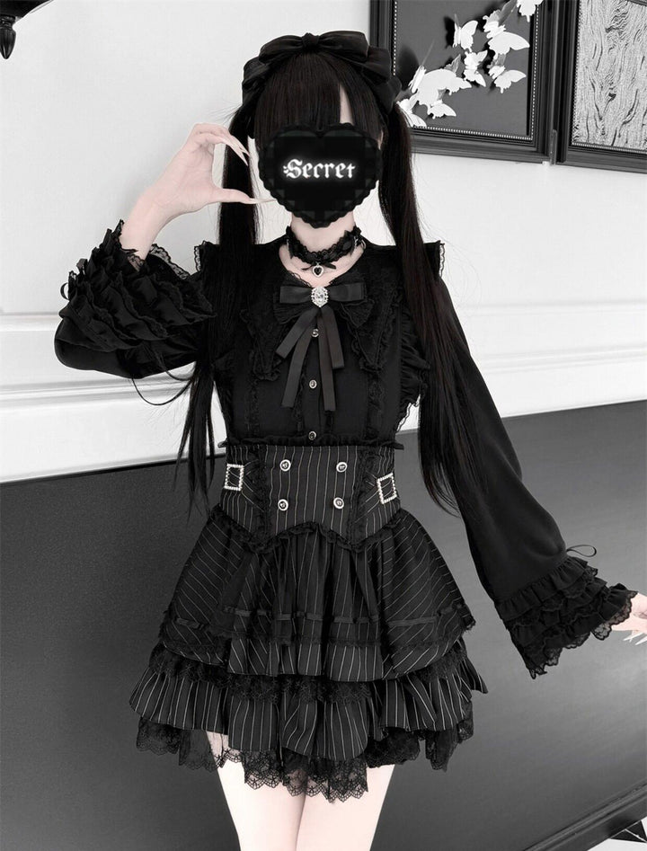 High-Waisted Jirai Kei Skirt, Lace Hem 44810:822756