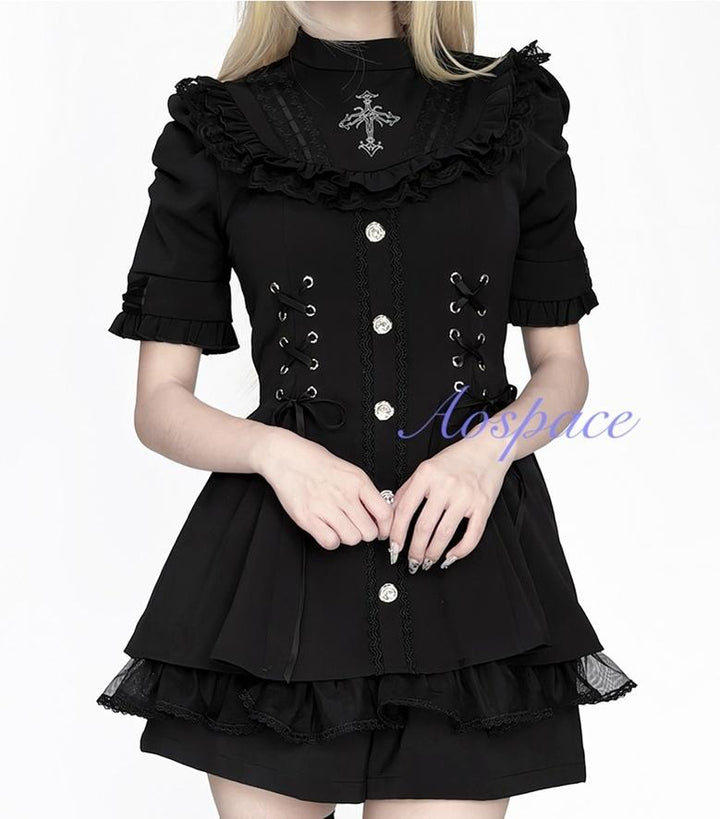 Short-sleeved Ryousangata Dress, Detachable Bowtie 43823:786763