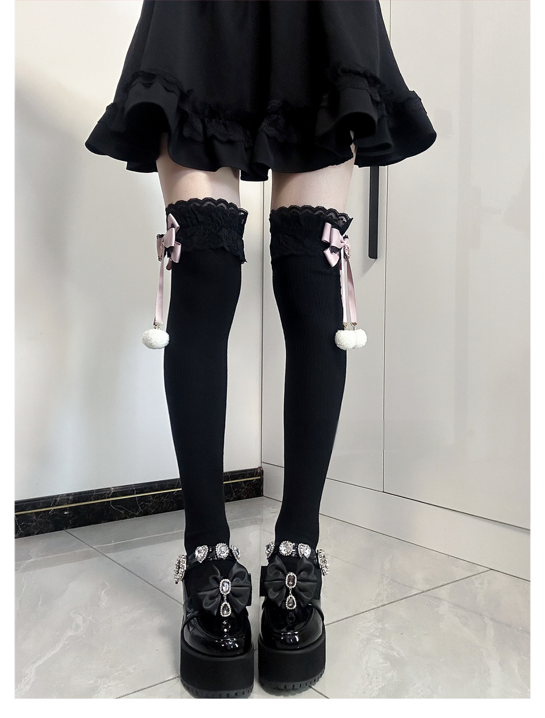 Jirai Kei Knee Socks Lace Bow Pom-Pom Mid-Calf Socks 40886:678974