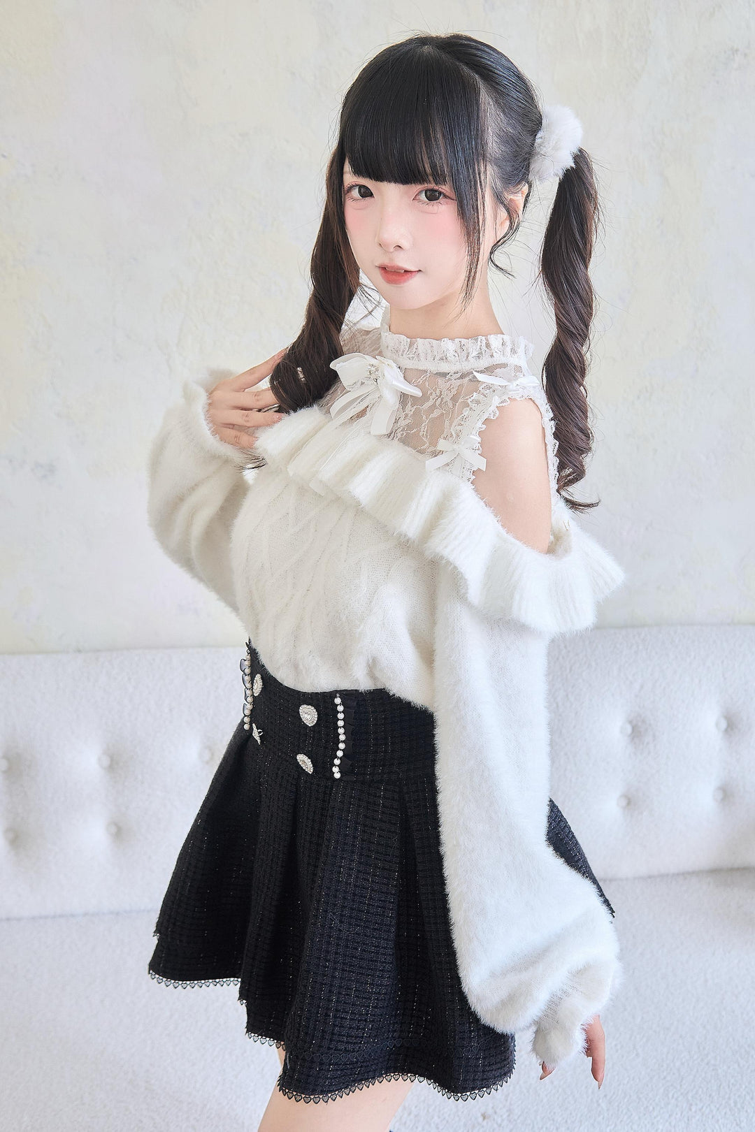 Jirai Kei Sweater Lace Frill Collar Knit Sweater With Bow 41680:711722