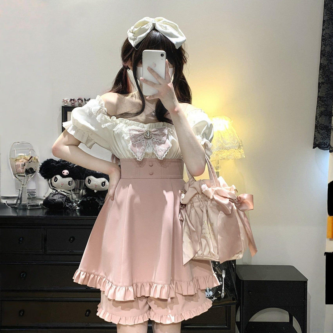 Puff Sleeve Jirai Kei Dress with Lace Bow and Shorts 43072:769725