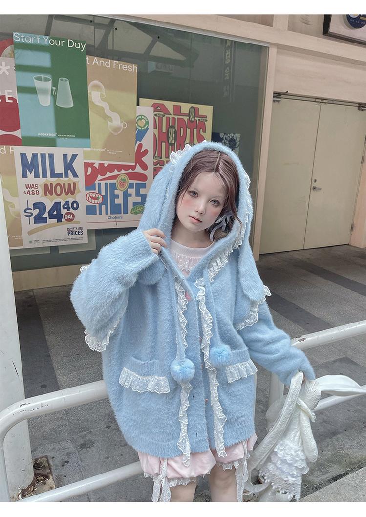 Kawaii Coat Sweater Bunny Ear Lace Knitted Hooded Cardigan 40338:665298