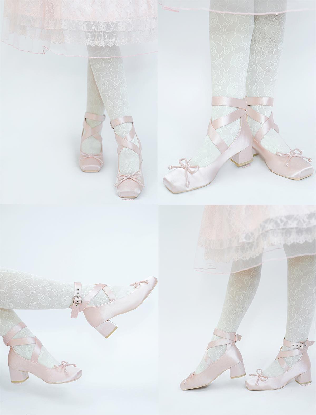 Lolita Shoes Ballet Style Square Toe Bow Heels Shoes 35592:543914