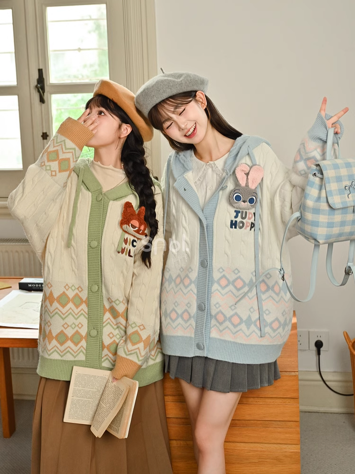 Mori Kei Sweater Bunny Fox Coat Plaid Knit Jacket 39272:643376