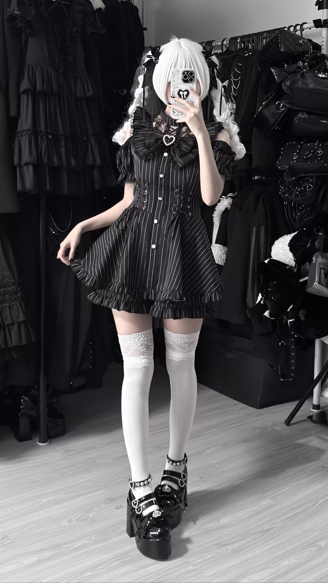 Jirai Kei Pure & Striped Black Dress, Open Shoulder 44960:834890