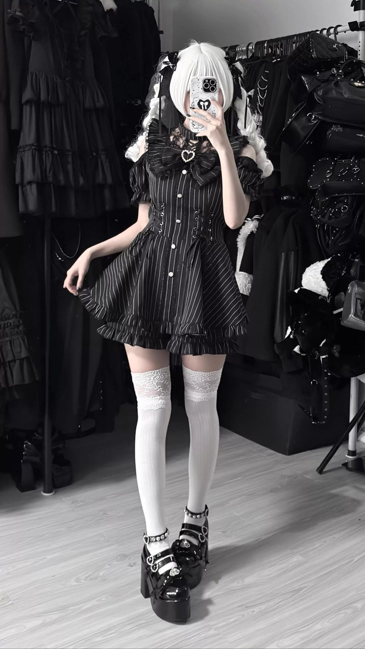Jirai Kei Pure & Striped Black Dress, Open Shoulder 44960:834890
