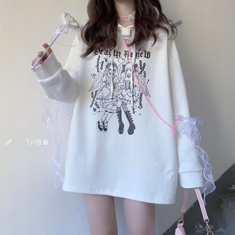 Jirai Kei Hoodie Black Top Angel Printed Hoodie Lace Up 37572:563136