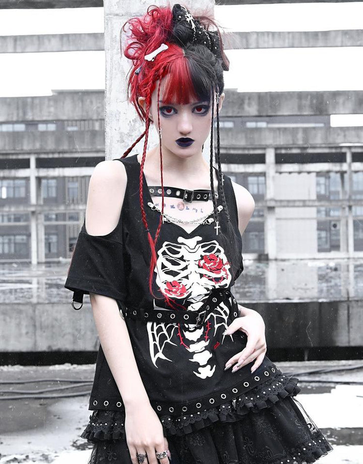 Gothic Skull Embroidered T-Shirt Detachable Sleeves and Leather Buckle 35726:502754