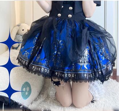 Black Lolita Skirt High-Waisted Print Skirt With Lace Trim 37562:563896