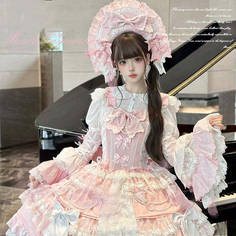 pink doll dress Vintage Lolita Dress Pink Doll-like Dress Princess Sleeve Blouse BNT Blouse+Bonnet+2 Hair Clips / M