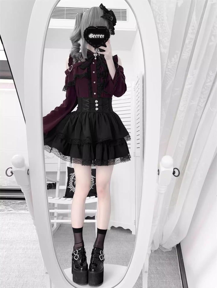 Jirai Kei Open Shoulder Blouse + Tiered Ruffles Skirt 43686:782911