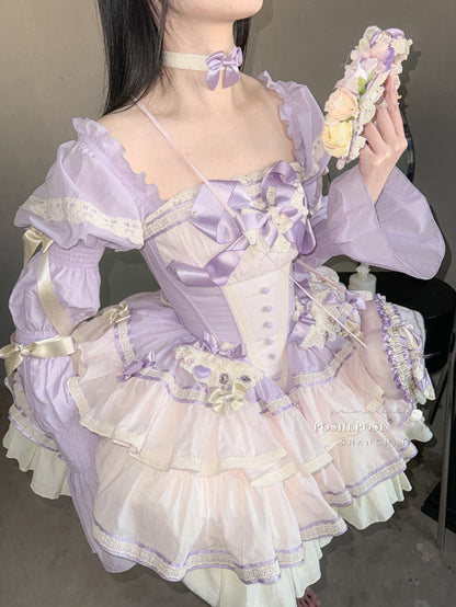 Lolita Dress Set Sweet Violet Pink Puffy Dress Corset Dress 36388:554852