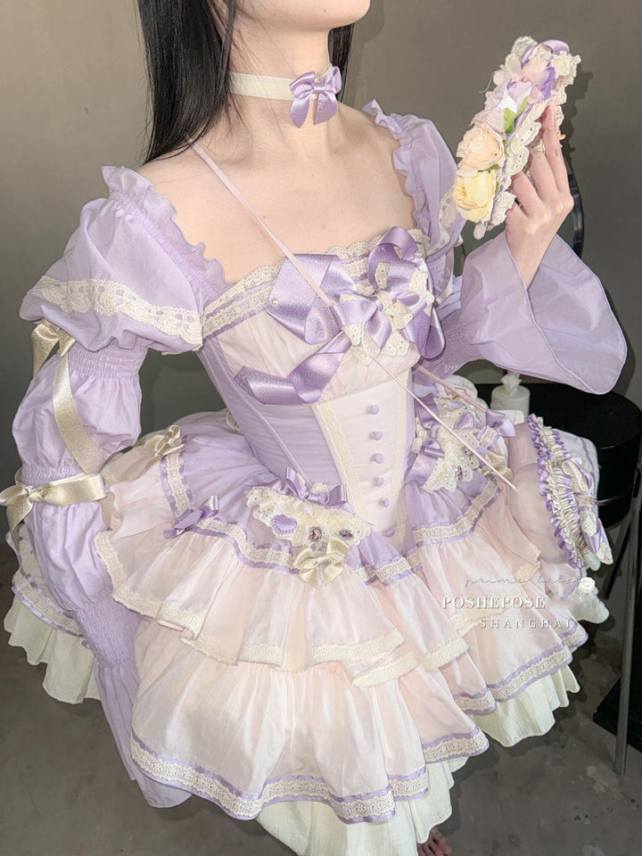 Lolita Dress Set Sweet Violet Pink Puffy Dress Corset Dress 36388:554852 36388:554852