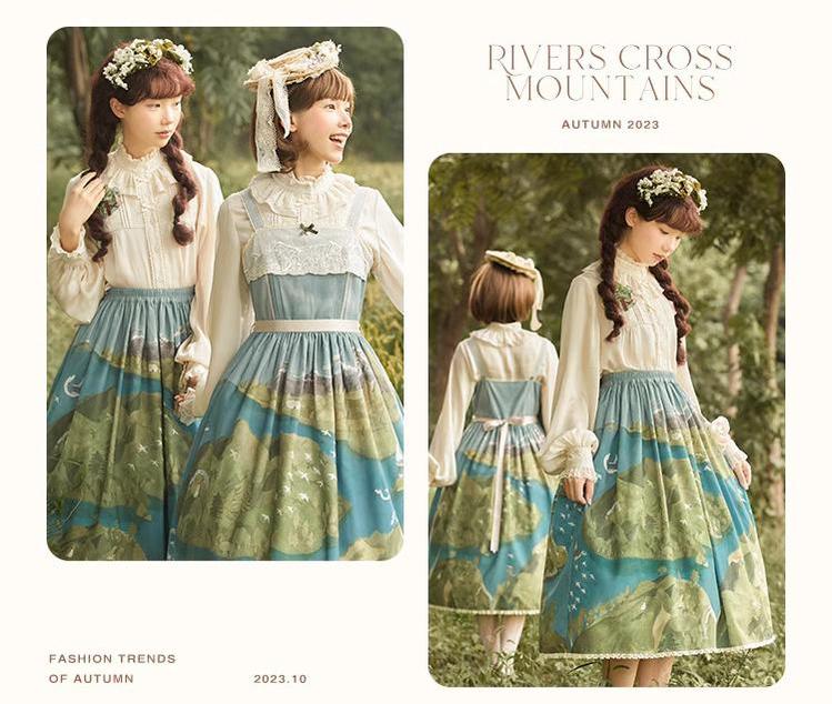 Lolita Dress Rivers Cross Mountains Print Lolita Dress Set 39412:627178