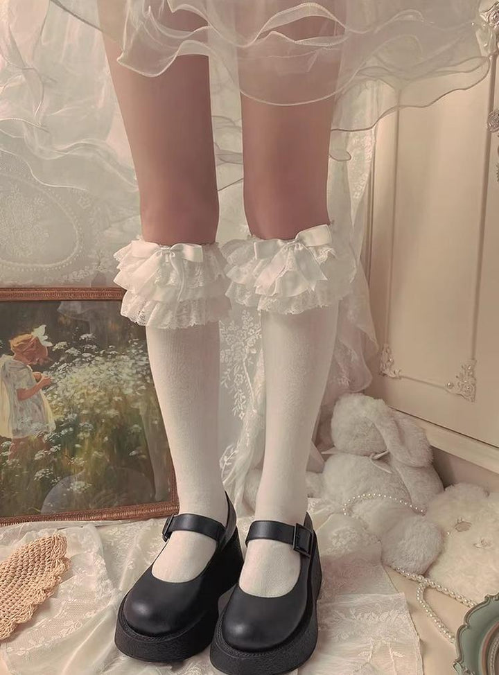 Lolita Socks Layers Lace Frill Cotton Mid-Calf Socks With Bows 42243:734843