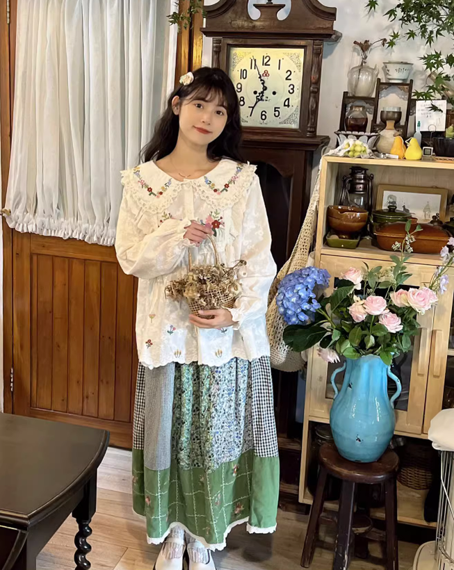 Mori Kei Blouse Flower Embroidery Shirt Anti-aging Top 36218:524756