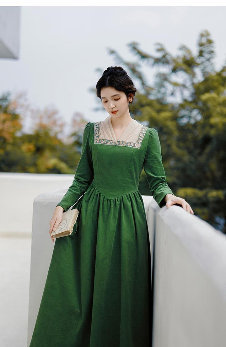 Retro Prom Dress Green Elegant Corduroy Court Dress 42200:732862