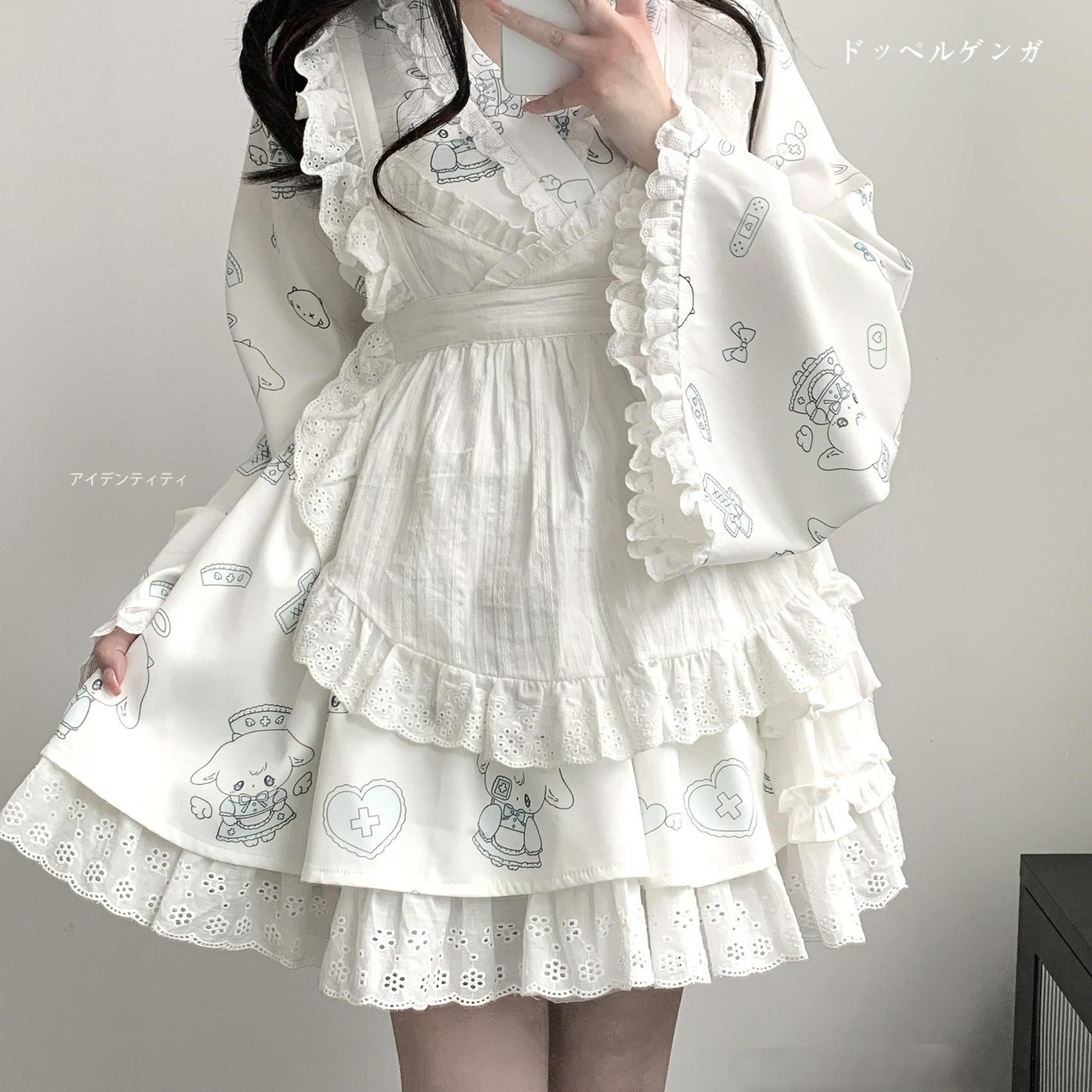 Tenshi Kaiwai Patchwork Skirt Kimono Top White Apron Three-Piece Set 36786:536942