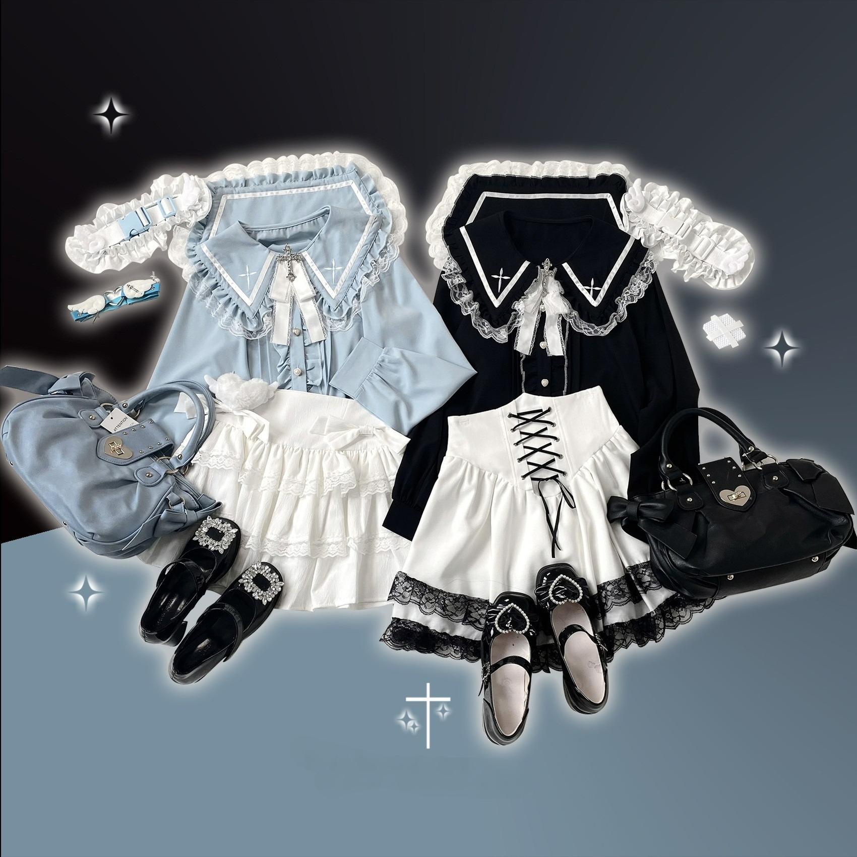 Jirai Kei Blouse Sailor Collar Shirt Cross Lace Long Sleeve Blouse 36780:537506