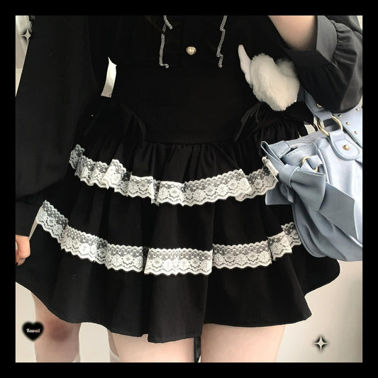 Jirai Kei Skirt Bow Double Layer Lace Cake Skirt (Black / Preorder) 36774:540434