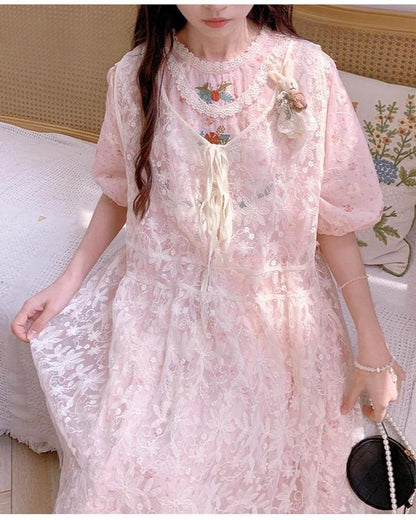Mori Kei Dress Pink Floral Dress Short Sleeve Dress 36208:523724
