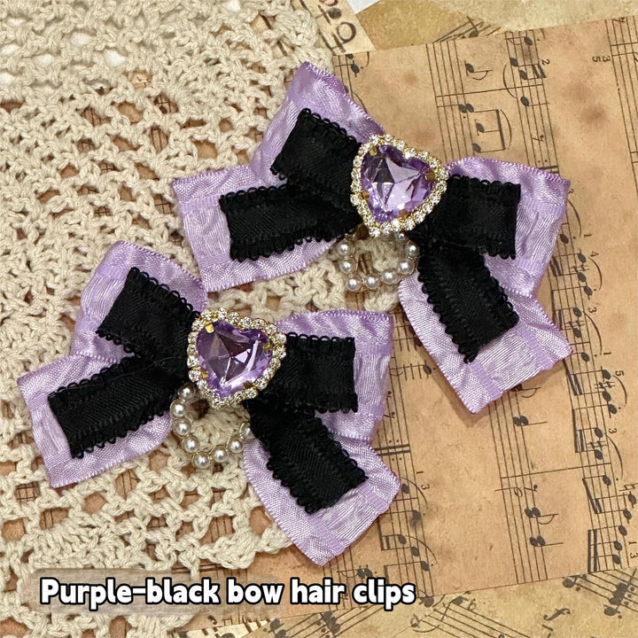 Jirai Kei Hair Clip Black Purple Rhinestone Bow Hair Clip 32182:467258 32182:467258