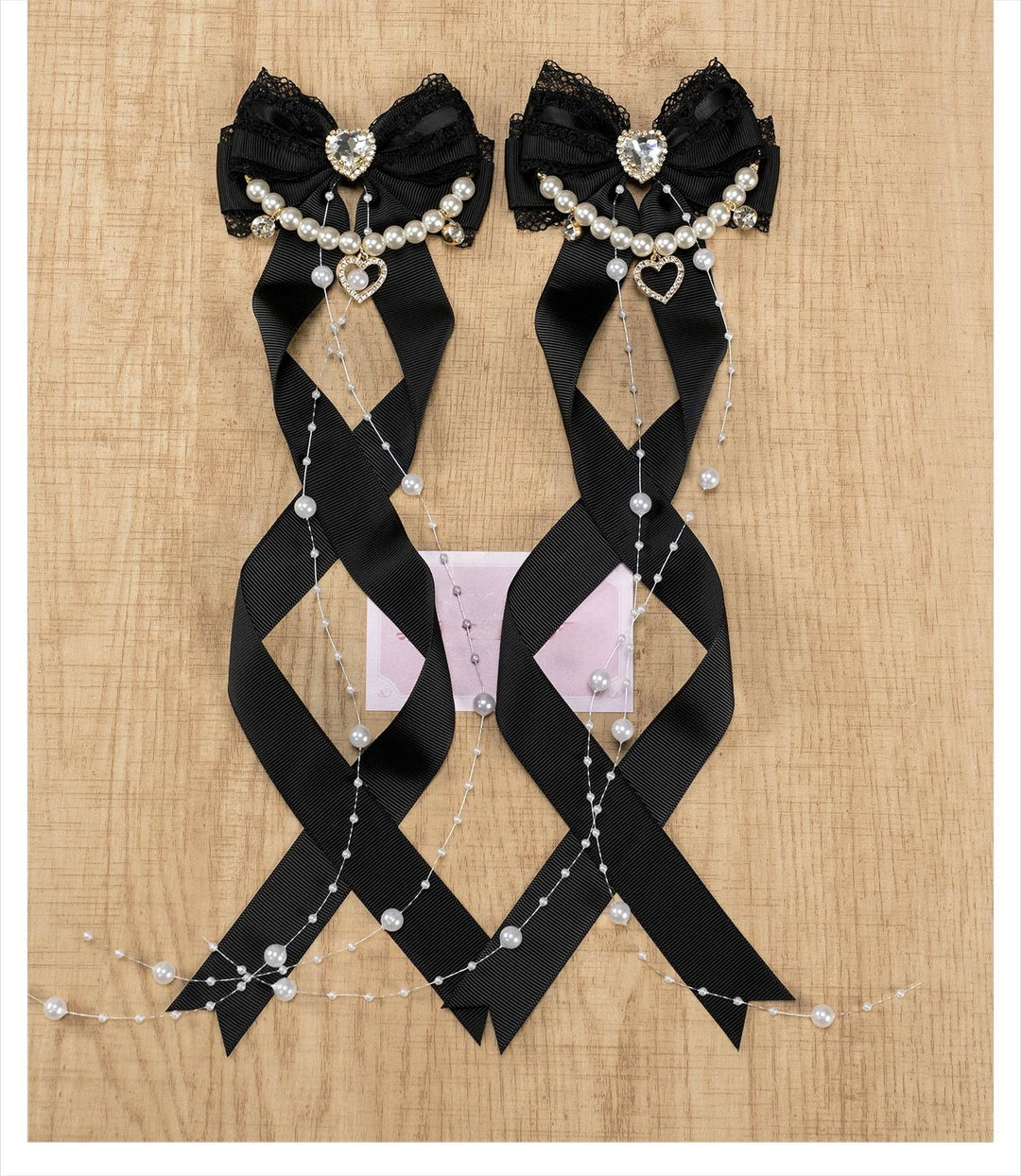 Jirai Kei Bow Hair Clip, Heart Rhinestone, Pearl Chain, Lace Trim (Pair) 43501:778523