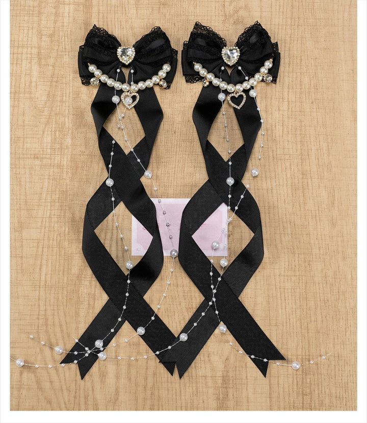 Jirai Kei Bow Hair Clip, Heart Rhinestone, Pearl Chain, Lace Trim (Pair) 43501:778523