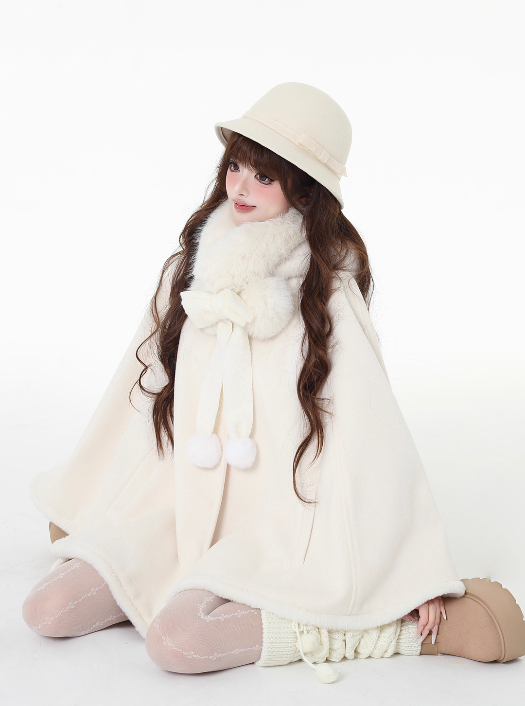 Jirai Kei Winter Coat White Bunny Ear Hooded Cape Coat 41056:684508