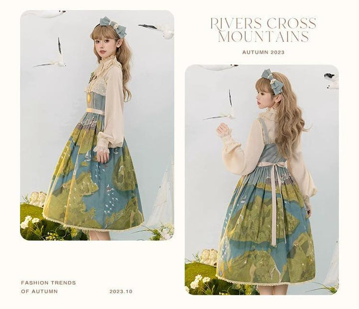 Lolita Dress Rivers Cross Mountains Print Lolita Dress Set 39412:627104