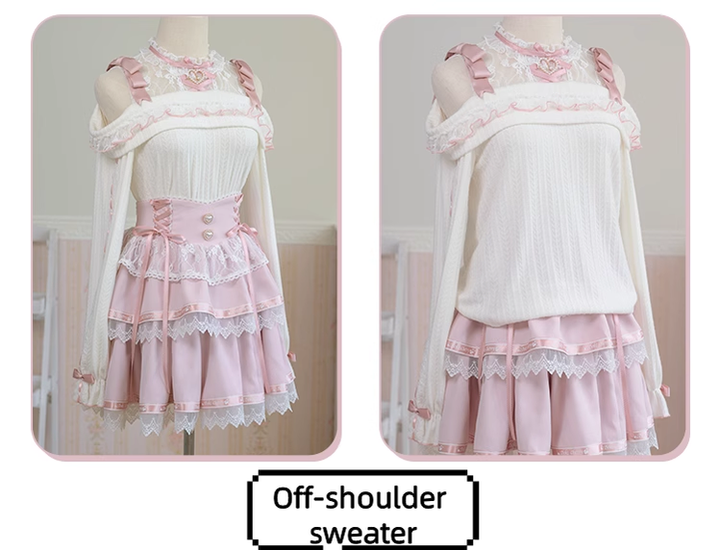 Jirai Kei Sweater Open-shoulder Sweater Pink Tiered Skirt 39408:628176