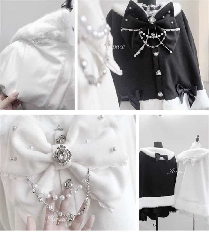 Jirai Kei Cape Plush Coat With Rhinestone Bow Knot 42149:731020