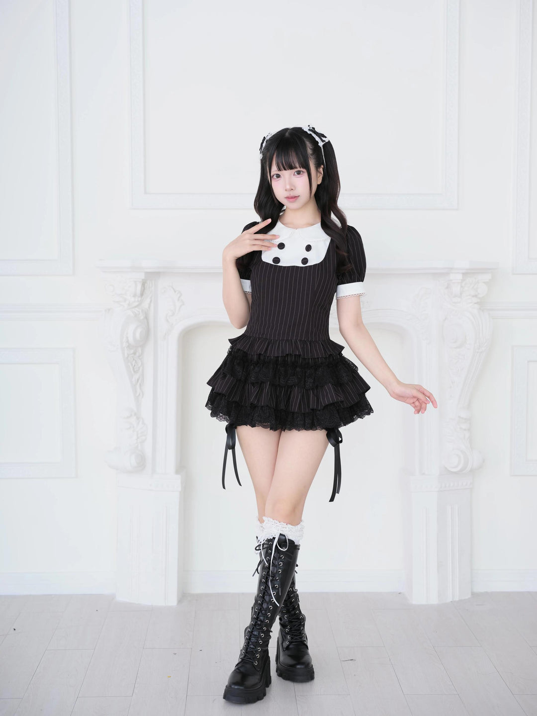 Jirai Kei Black Striped Top, Tiered Skort with Bows 45801:864160