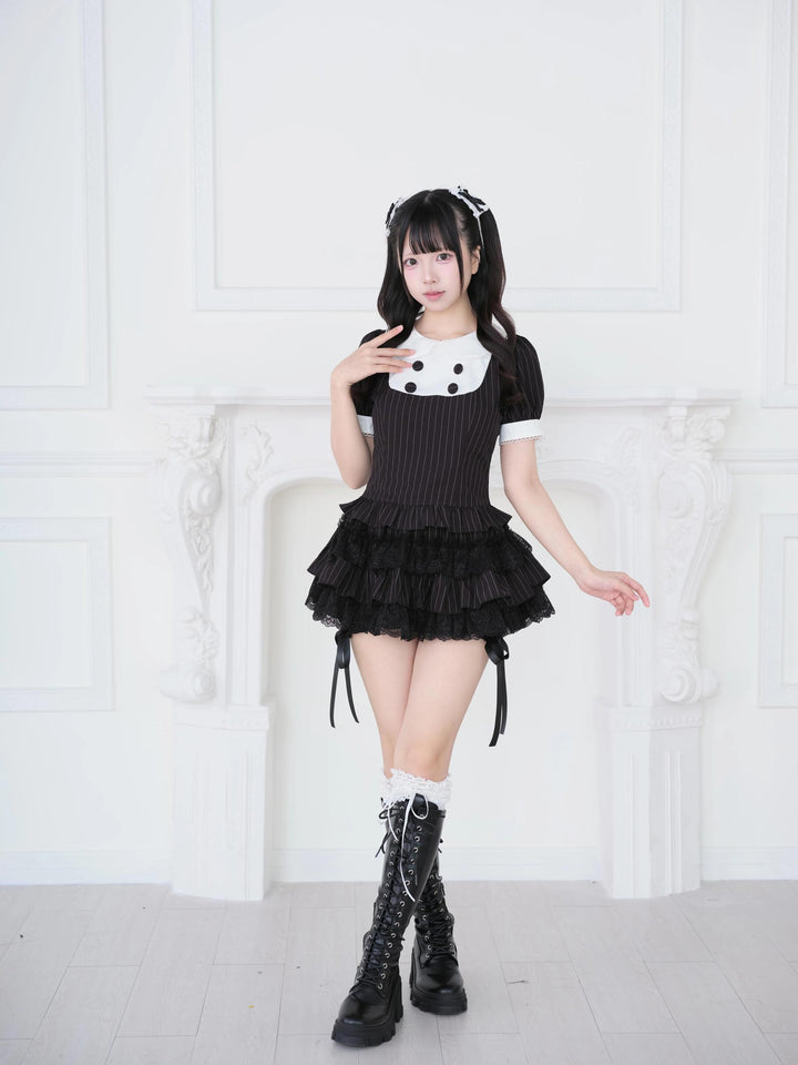 Jirai Kei Black Striped Top, Tiered Skort with Bows 45801:864160