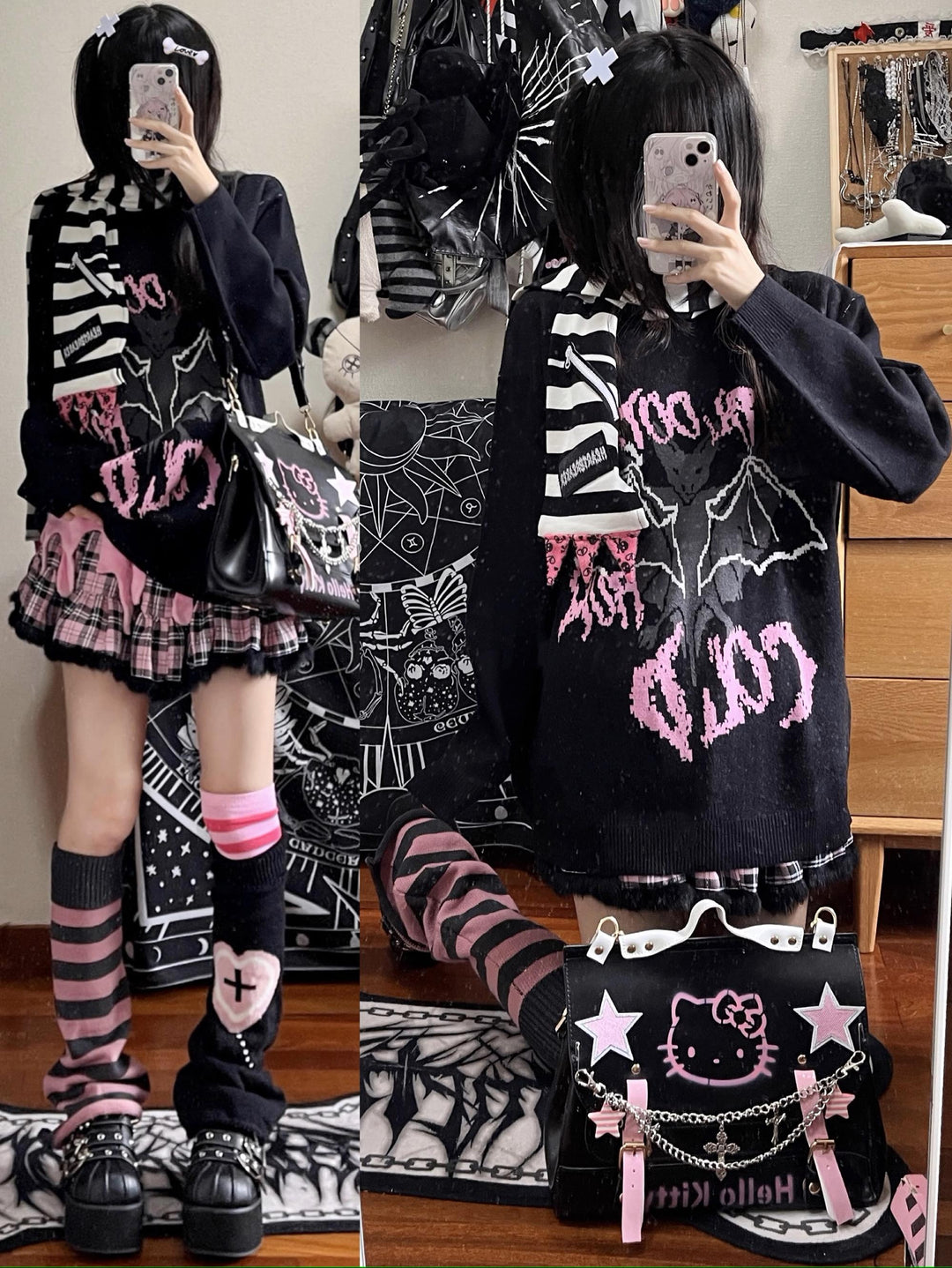 Pastel Goth Black Sweater Bat Embroidery Sweater 33324:431034 33324:431034