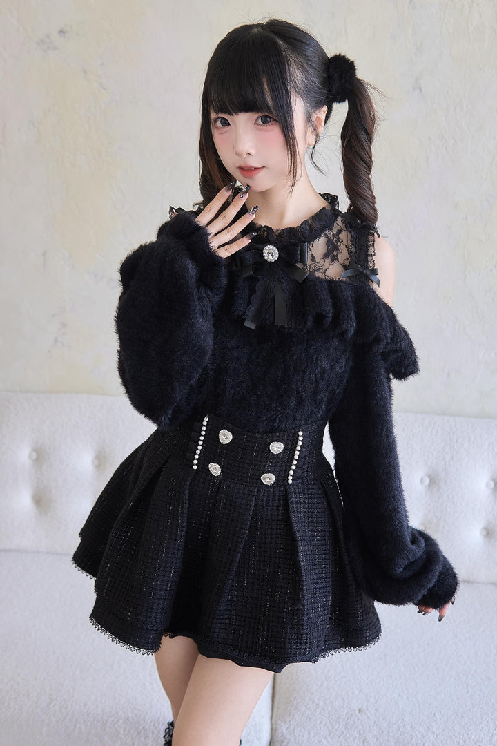 Jirai Kei Sweater Lace Frill Collar Knit Sweater With Bow (M) 41680:711734