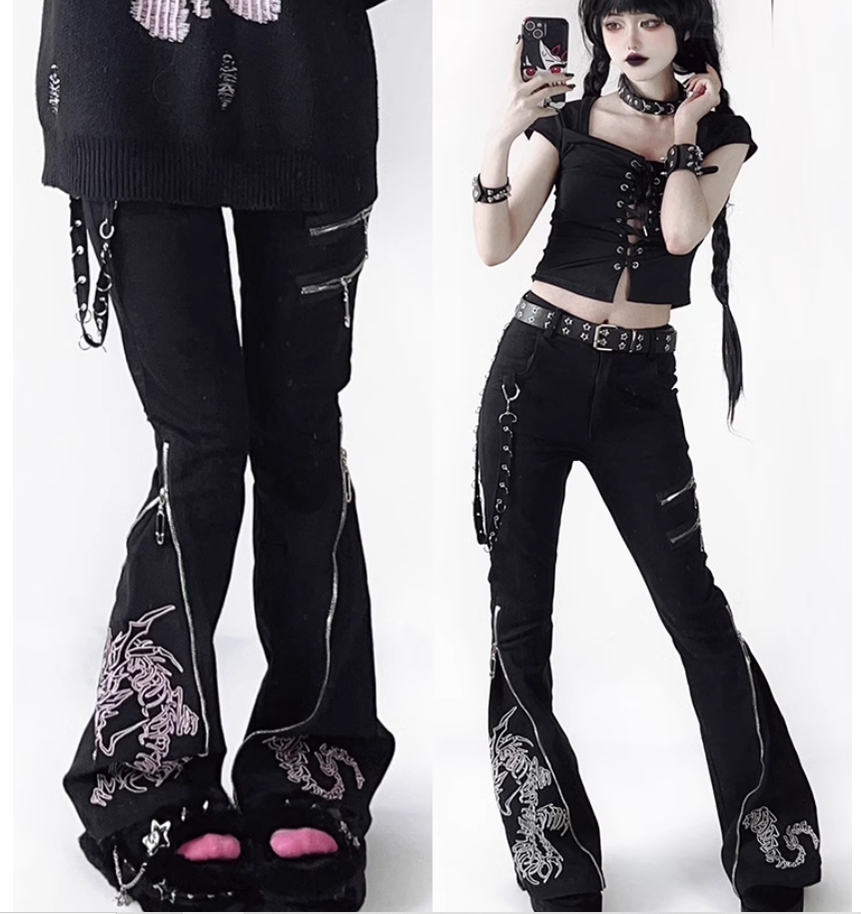 Y2K Pants Bell-bottom Trousers Embroidered Dragon Jeans 38080:592714