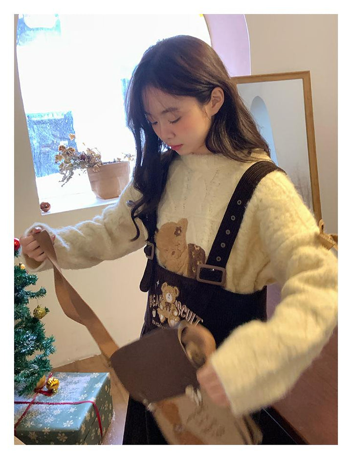 Kawaii Sweater Beige Little Bear Round Neck Sweater Winter 39798:646378