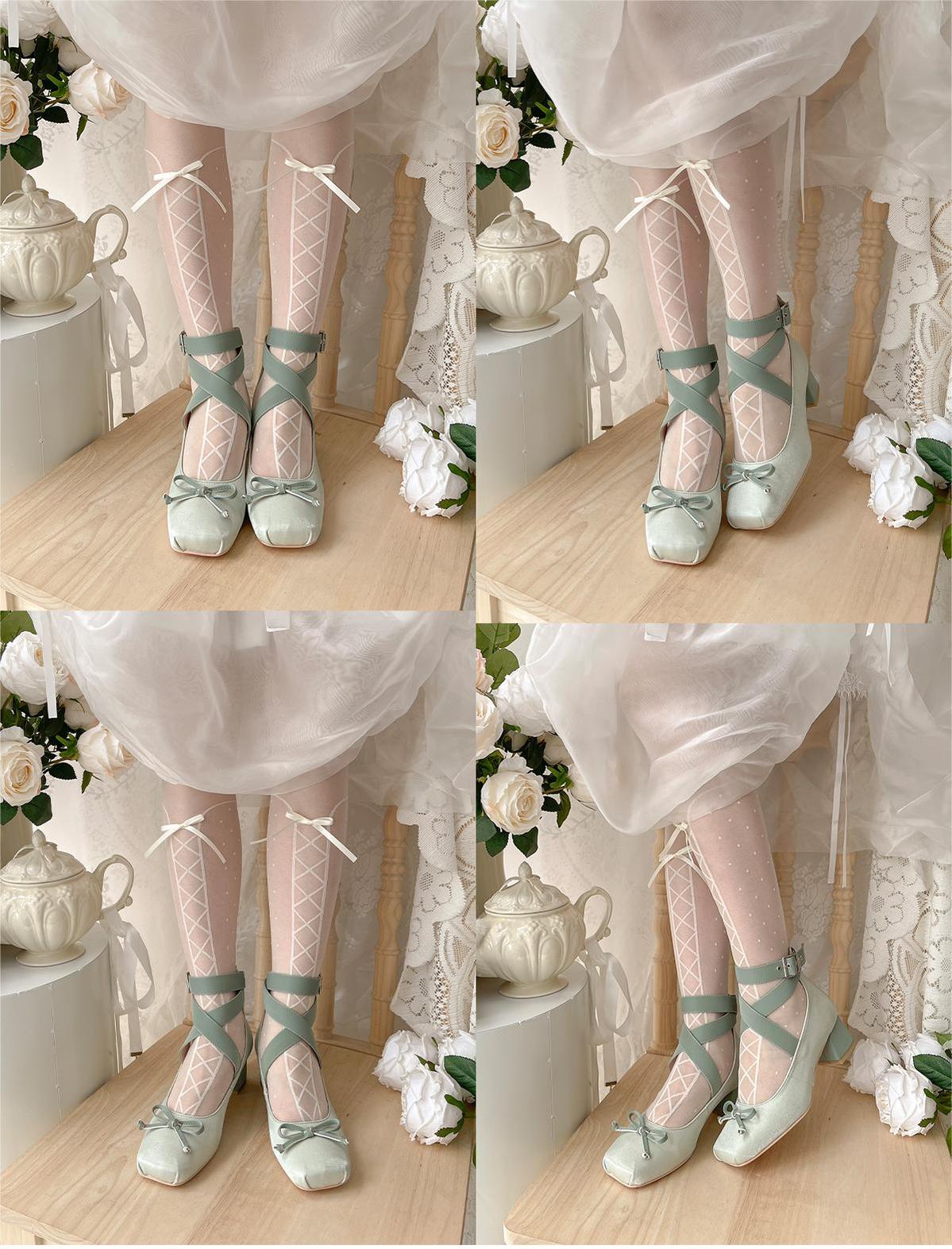 Lolita Shoes Ballet Style Square Toe Bow Heels Shoes 35592:543896