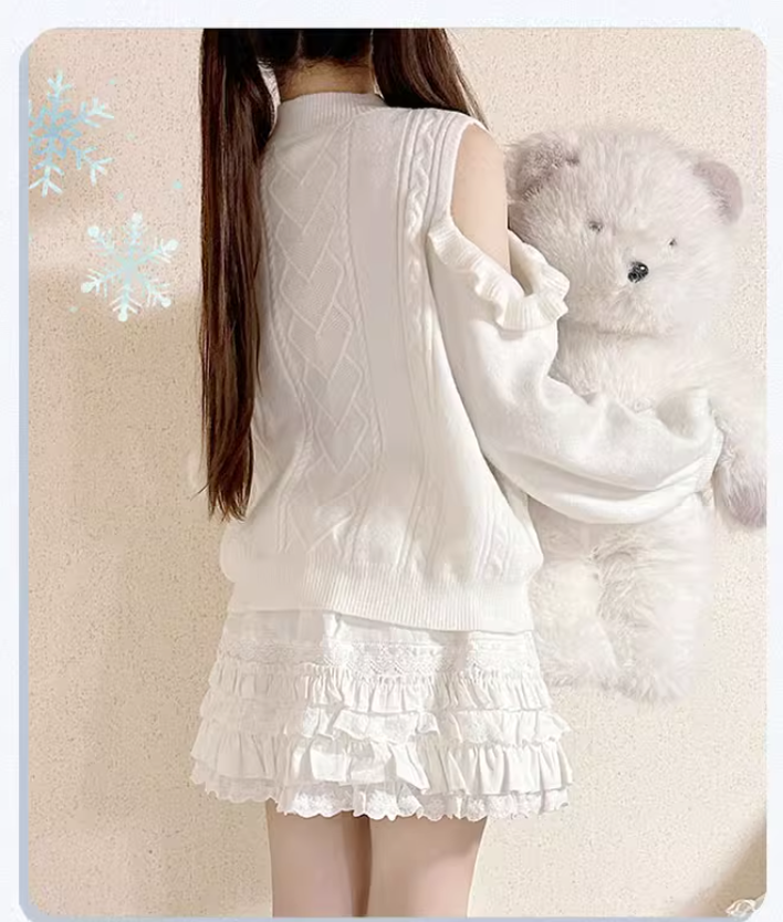 Jirai Kei Sweater Off-Shoulder Sweater White Velvet Top 41054:684476