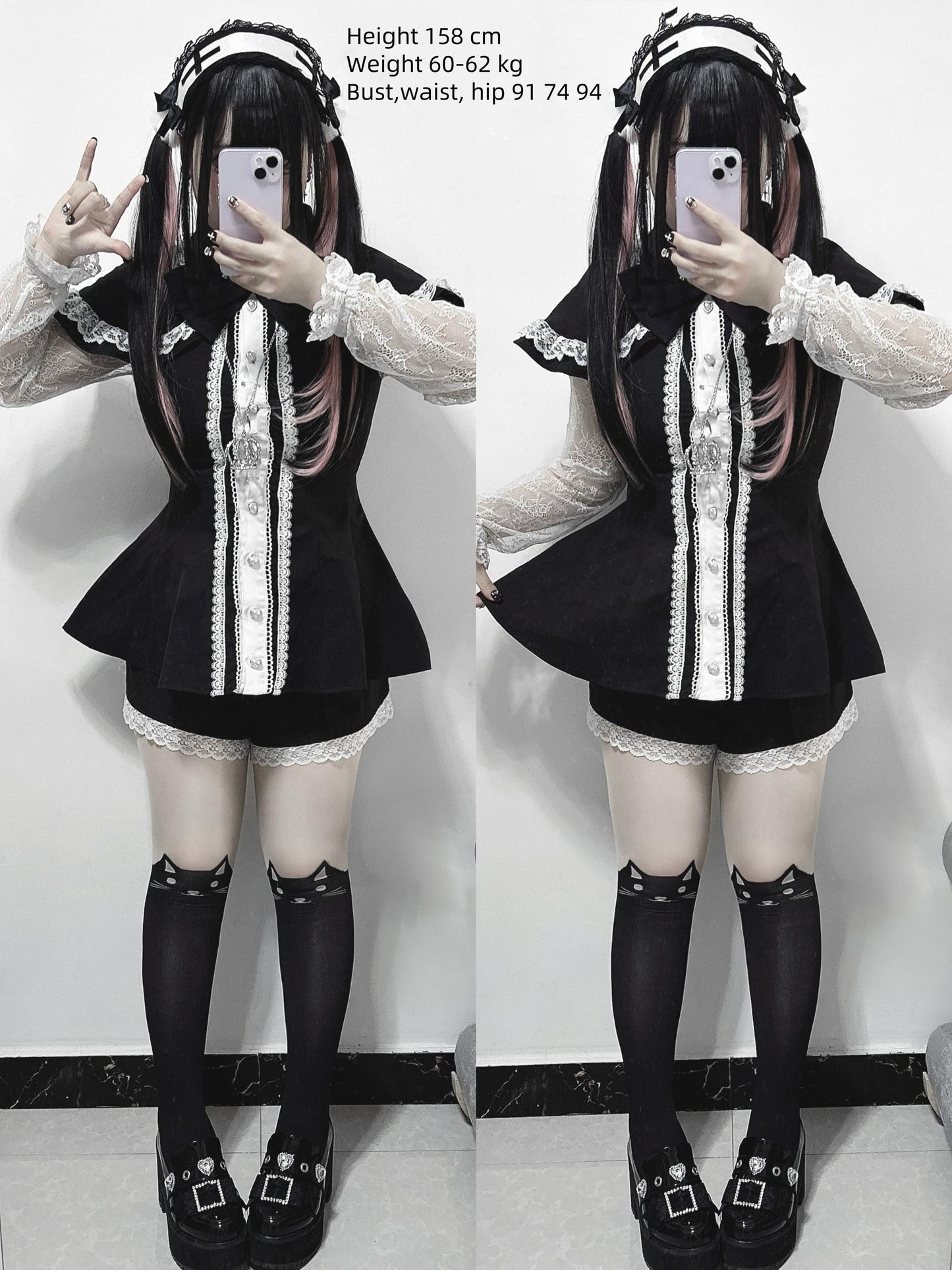 Jirai Kei Dress Set Lace Sleeve Black Cape Outfit Sets 37456:561466