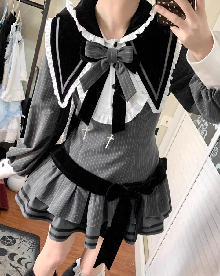 Kawaii Lolita Dress Grey OP With Long Bunny Ears and Plush Ball 42320:738137