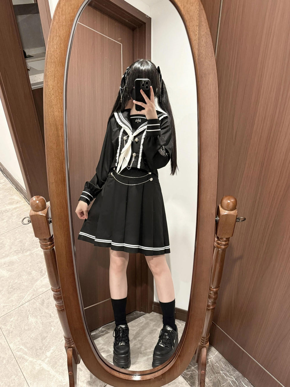 Black & White Sailor Top and Skirt Set Lace Trim JK School Uniform (2XL L M S XL XS) 43023:764189